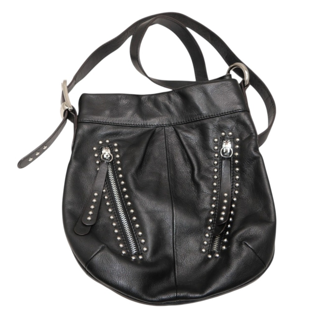 B. Makowsky Black Leather Studded Hobo Crossbody Bag Shoulder Purse Moto